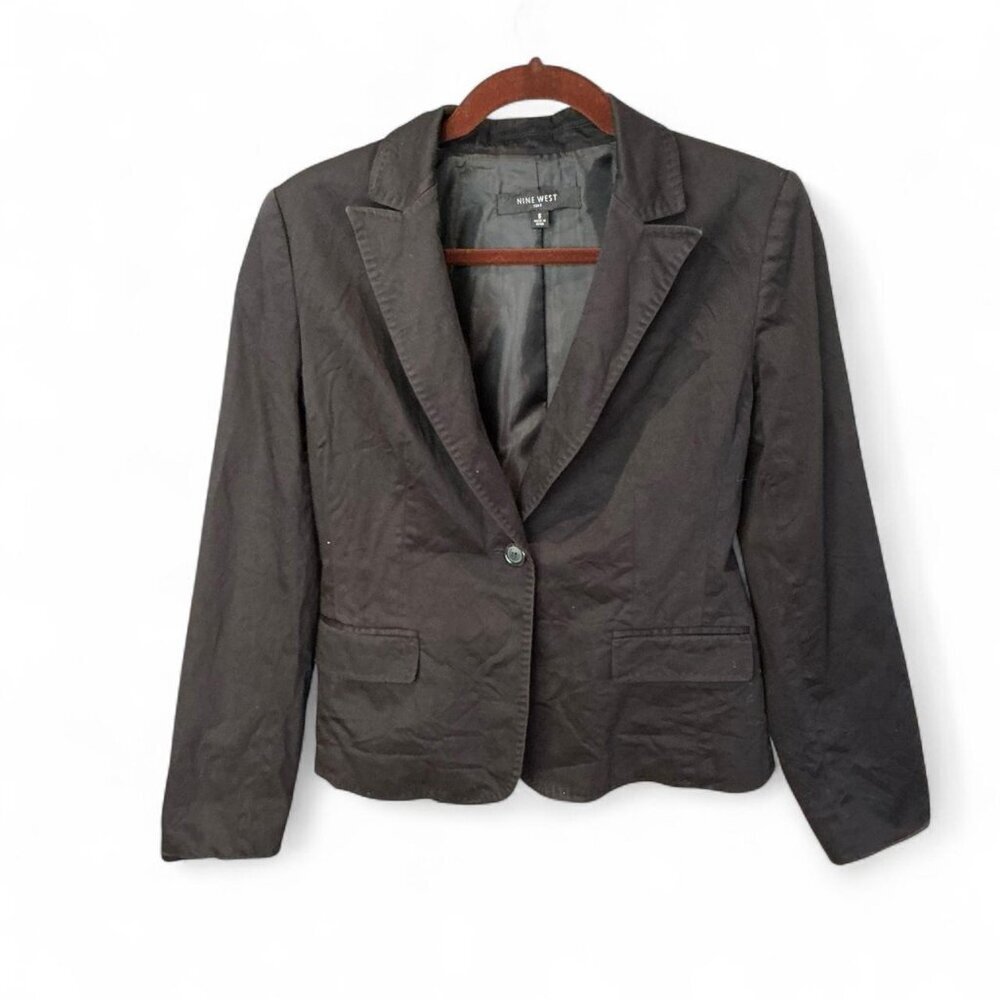 Nine‎ West Black Cotton Stretch Fitted Blazer Women’s size 8 One Button